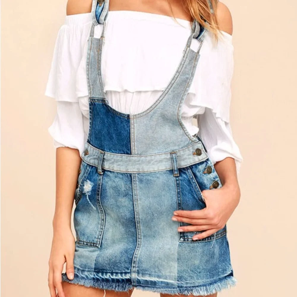 Free People Patchwork Blues Blue Denim Pinafore Overall Jean boho mini Dress - Picture 2 of 13